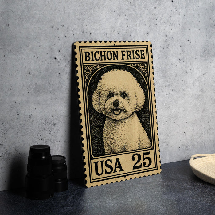 A wooden postcard featuring a Bichon Frise dog, with the text "BICHON FRISE" and "USA 25" printed on it.