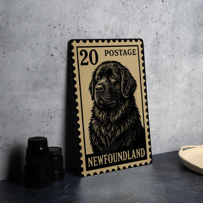 A metal stamp featuring a black dog, likely a Labrador, with the text "20 POSTAGE NEWFOUNDLAND" printed on it.