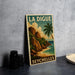 A vintage-style poster of La Digue, a tropical island in the Seychelles, featuring a palm tree and a rocky coastline.