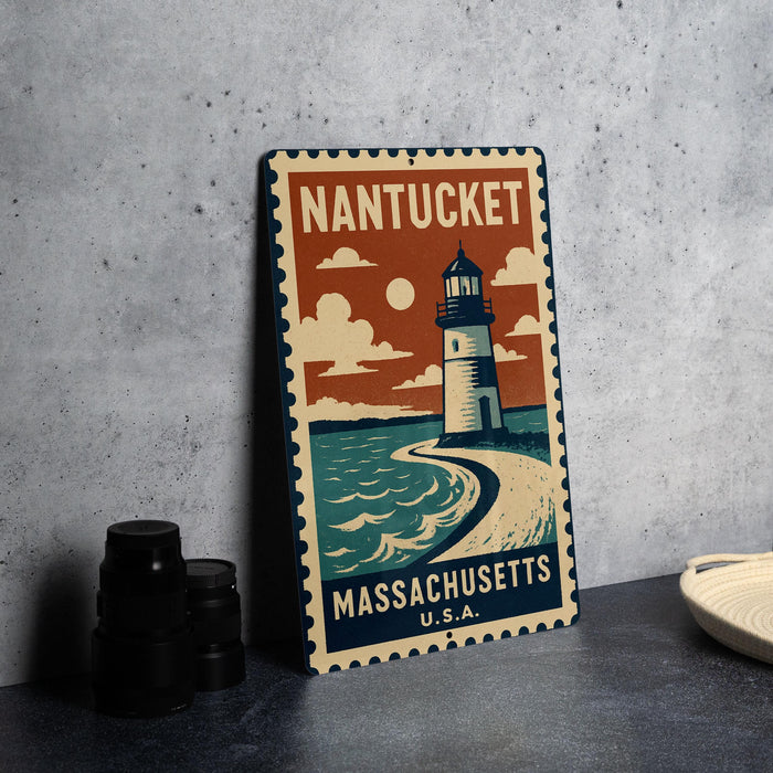 A vintage-style metal sign with a lighthouse and ocean scene, advertising Nantucket, Massachusetts, with the text "NANTUCKET MASSACHUSETTS U.S.A."