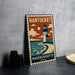 A vintage-style metal sign with a lighthouse and ocean scene, advertising Nantucket, Massachusetts, with the text "NANTUCKET MASSACHUSETTS U.S.A."