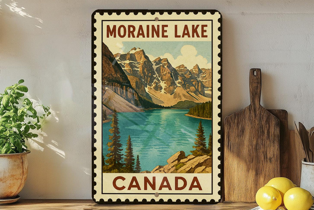 A vintage-style metal sign displaying the scenic landscape of Moraine Lake in Canada, with mountains, a lake, and pine trees in the background.