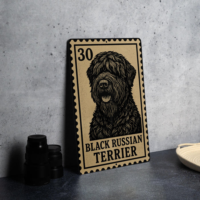 A metal sign featuring a black Russian terrier dog, with the text "BLACK RUSSIAN TERRIER" printed on it.