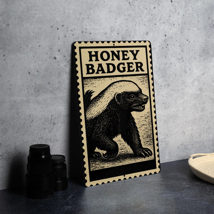 a metal sign with a black and white illustration of a honey badger, placed on a gray countertop next to some black camera lenses.