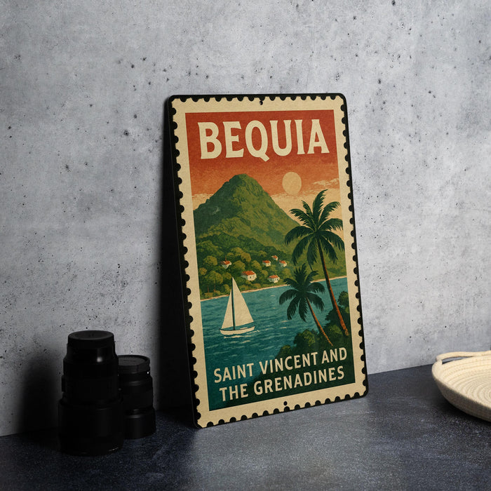 A vintage-style metal sign with the text "BEQUIA SAINT VINCENT AND THE Grenadines" and an illustration of a tropical island with a sailboat.