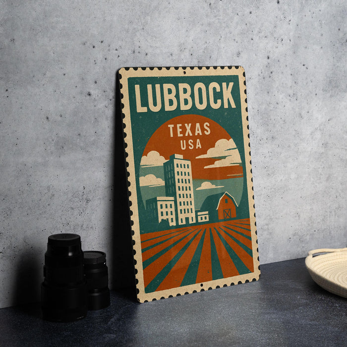 A vintage-style postage stamp from Texas, featuring a cityscape and a barn, is displayed on a table.