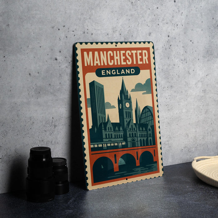A vintage-style metal sign with the text "MANCHESTER ENGLAND" and an illustration of a city skyline, featuring a clock tower and a bridge.