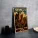 A vintage-style metal sign for Pinnacles National Park, featuring a mountain landscape with a cloudy sky.