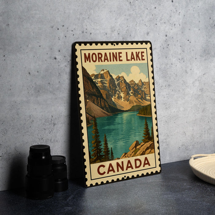A vintage-style metal sign with a mountain landscape and a lake, featuring the text "MORaine Lake Canada" on it.