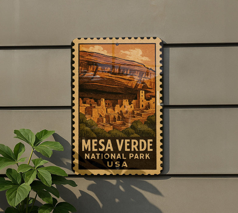 A vintage-style sign for the mesa verde national park in the United States, featuring an illustration of a desert town.
