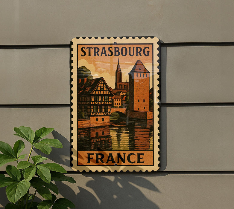 A vintage-style postage stamp depicting a cityscape of Strasbourg, France, with a castle and other buildings, hanging on a wall.