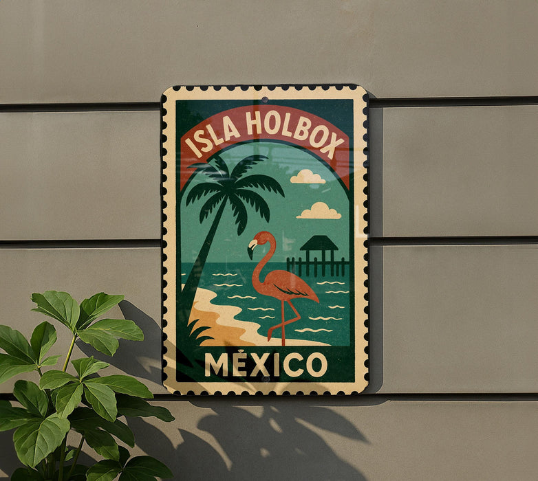 A vintage-style metal sign with a flamingo and palm tree, depicting a tropical beach scene, is mounted on a wall.