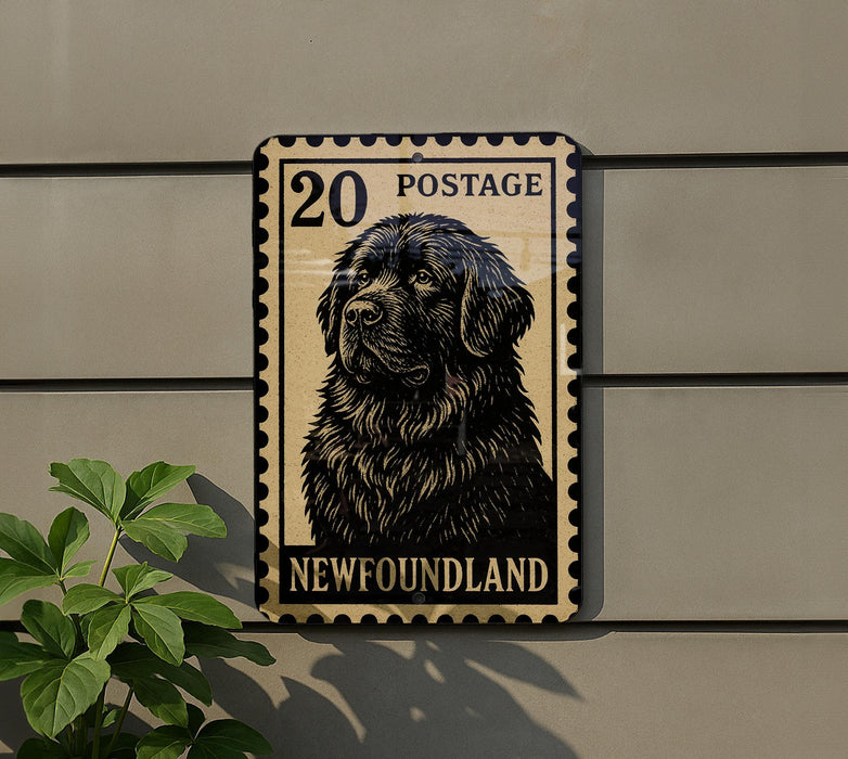 A black and white postage stamp featuring a dog's portrait, mounted on a wall next to a plant.