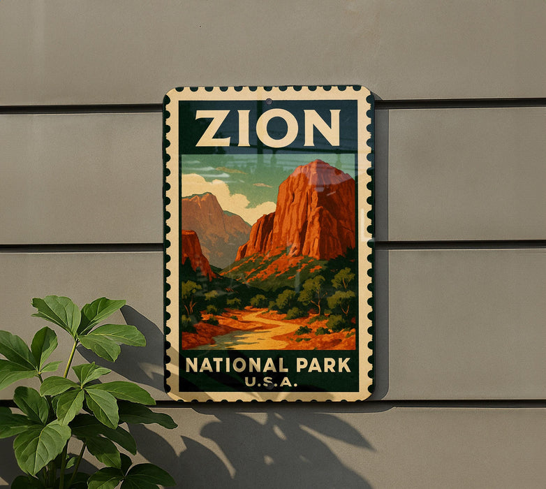 A vintage-style sign for Zion National Park, featuring a scenic illustration of the park's iconic rock formations and landscape.