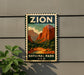 A vintage-style sign for Zion National Park, featuring a scenic illustration of the park's iconic rock formations and landscape.