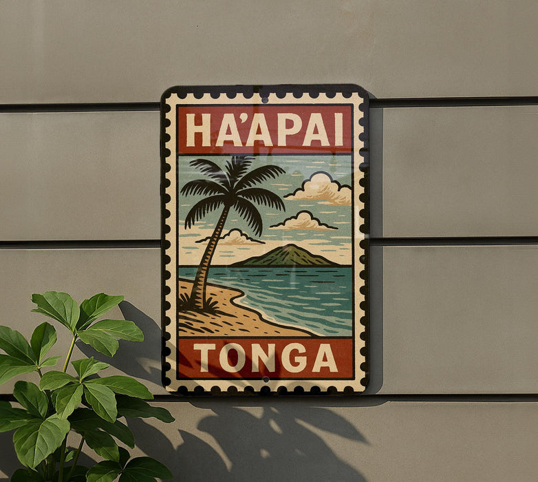 A vintage-style sign with the text "HA'APAI TONGA" and a palm tree illustration, mounted on a wall.
