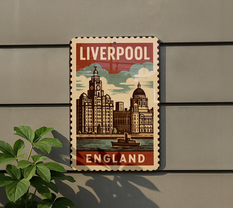 A vintage-style metal sign with the text "LIVERPOOL ENGLAND" and an illustration of a cityscape, mounted on a wall.