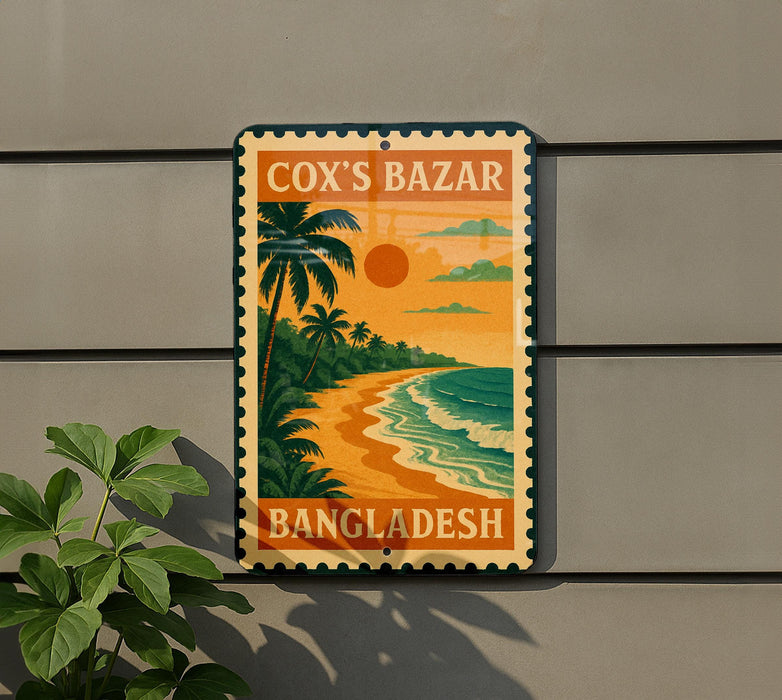 a vintage-style sign for Cox's Bazar, Bangladesh, with a tropical beach scene and palm trees.