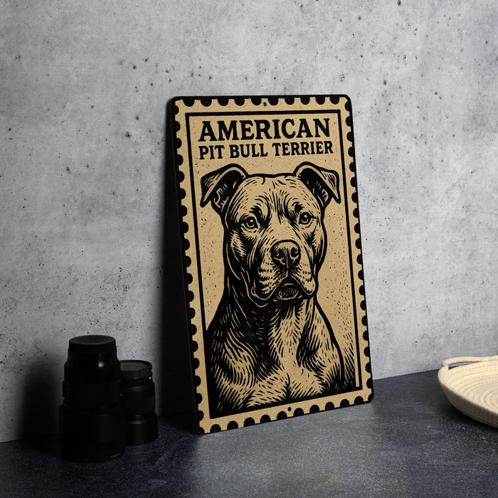 A metal sign featuring an illustration of an American Pit Bull Terrier dog.