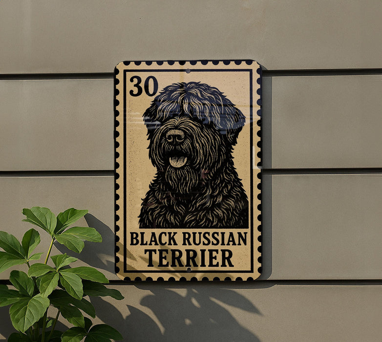 A sign featuring a black Russian Terrier dog, with the text "BLACK RUSSIAN TERRIER" printed on it.