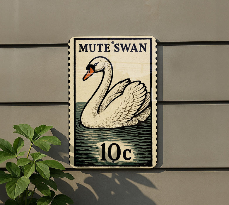 A postage stamp featuring a swan swimming in water, with the text "MUTE SWAN" and "10c" printed on it.