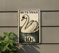 A postage stamp featuring a swan swimming in water, with the text "MUTE SWAN" and "10c" printed on it.