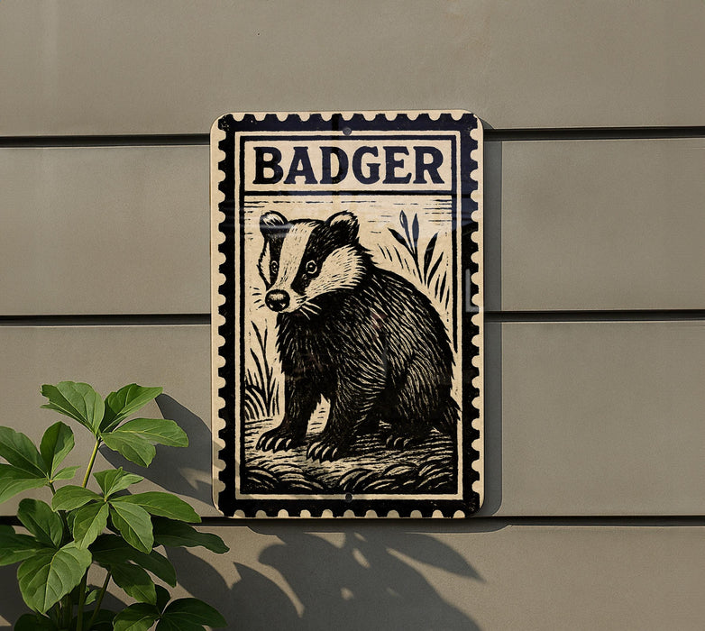 a metal plaque with a black and white illustration of a badger, mounted on a wall.