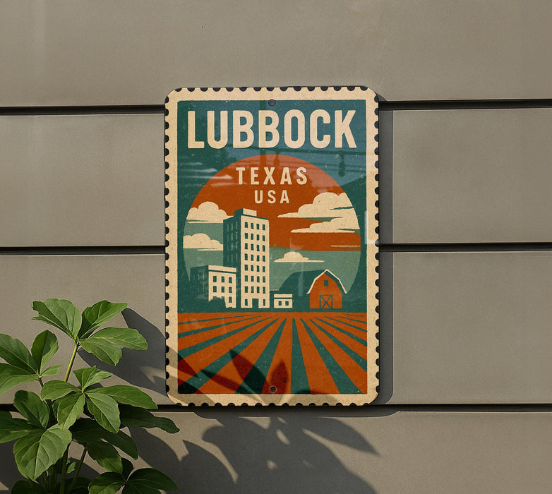 A vintage-style sign for Lubbock, Texas, featuring a cityscape with buildings, a barn, and a field with a sunset in the background.