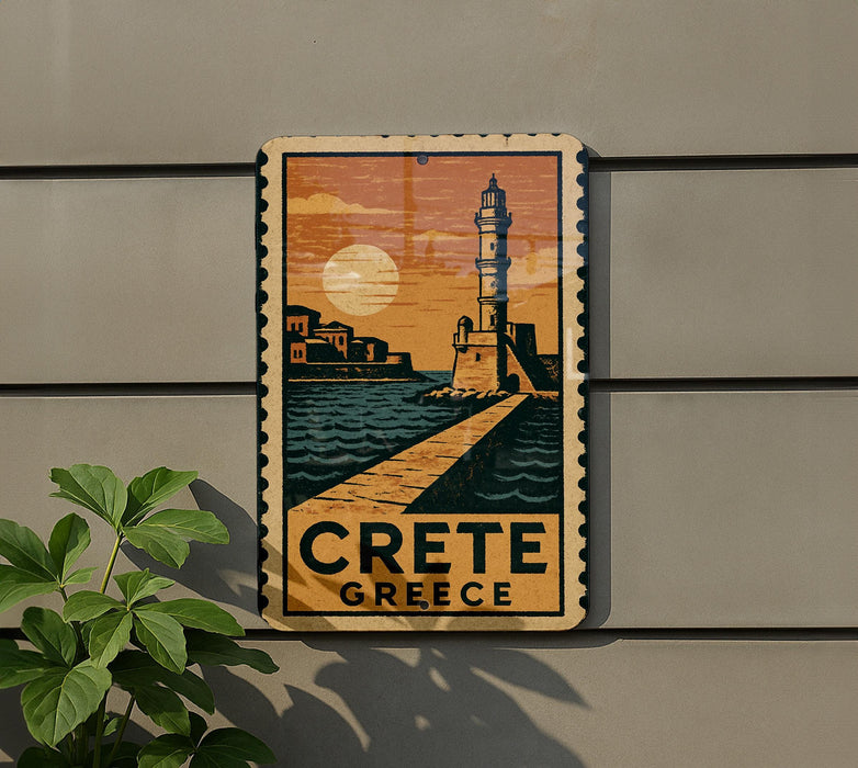 A vintage-style sign depicting a lighthouse and a coastal scene, with the text "CRETE GREECE" prominently displayed.