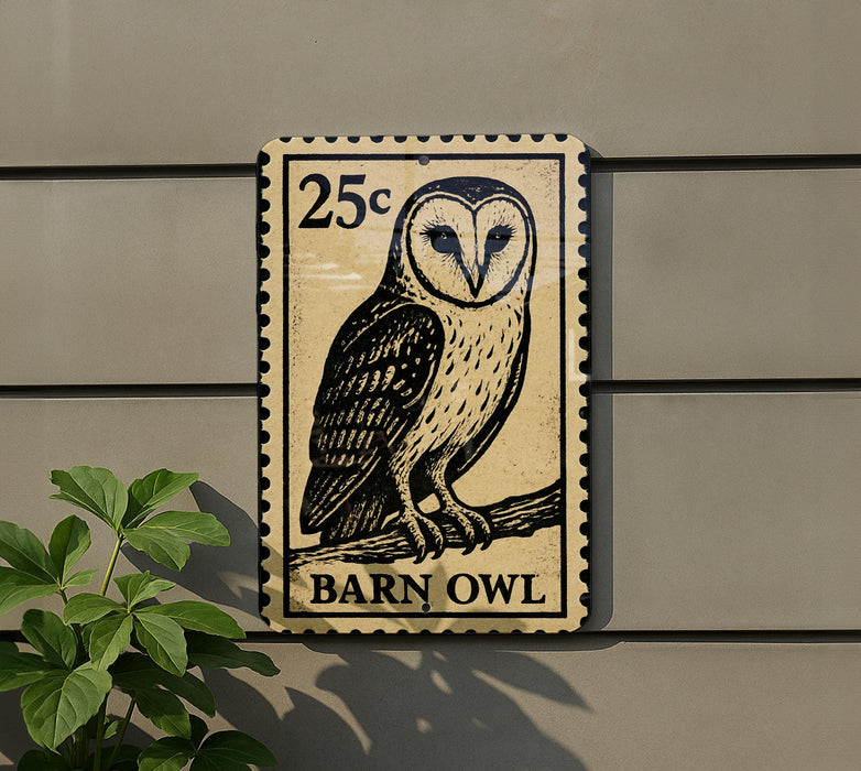A 25c postage stamp featuring a barn owl is displayed on a wall, with a plant to the left.