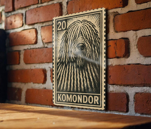 A wooden table with a wooden surface, and a framed image of a dog with a black and white pattern on the wall behind it.