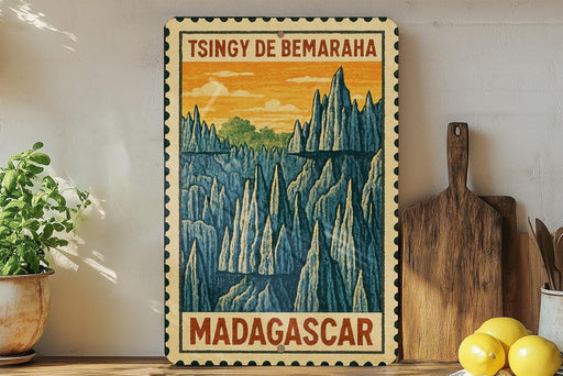 A vintage-style stamp depicting a mountainous landscape with the text "TSINGY DE BEMARAH" and "MADAGASCAR" printed on it, placed on a wooden surface next to a potted plant and a wooden cutting board.