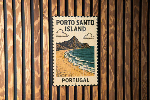 A vintage-style metal sign with the text "PORTO SANTO ISLAND" and an illustration of a beach and mountains, mounted on a wooden wall.