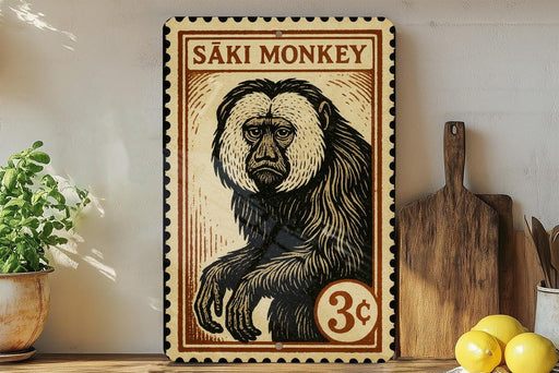 a wooden sign with a monkey illustration, placed on a wooden surface next to a wooden cutting board and some lemons.
