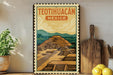 A vintage-style metal sign with a colorful illustration of the Teotihuacan pyramid in Mexico, surrounded by kitchen utensils and a potted plant.