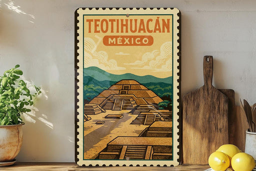 A vintage-style metal sign with a colorful illustration of the Teotihuacan pyramid in Mexico, surrounded by kitchen utensils and a potted plant.