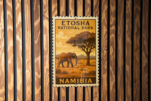 a stamp or postcard with an illustration of an elephant and the text "ETOSHA NATIONAL PARK NAMIBIA" on it, which is mounted on a wooden wall.