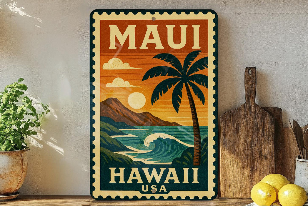 A vintage-style metal sign with the text "MAUI HAWAII USA" and a tropical landscape depicting a palm tree, mountains, and a sunset.