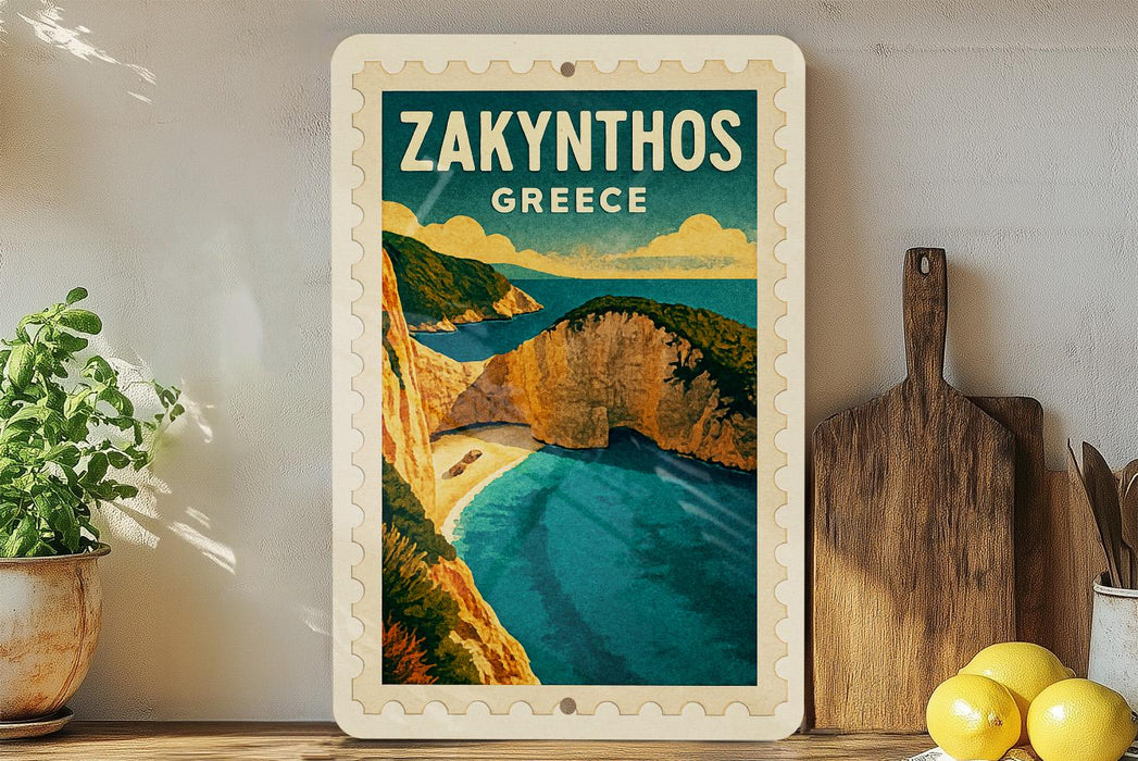 A framed poster of Zakynthos, Greece, featuring a scenic coastal landscape with cliffs, a beach, and turquoise waters.