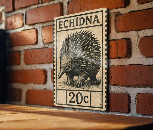 a vintage-style stamp or postcard with an illustration of an echidna, a type of small insect, on it. The stamp is mounted on a brick wall, and there is a wooden table below it.