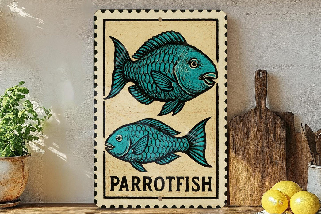 a framed illustration of two parrotfish on a wooden surface, with a potted plant to the left and a wooden cutting board to the right.
