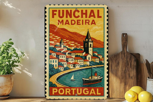 a vintage-style poster of Funchal Madeira, a Portuguese island, with a small boat and a castle in the background. The poster is displayed on a wall, and there are some potted plants and kitchen utensils visible in the foreground.
