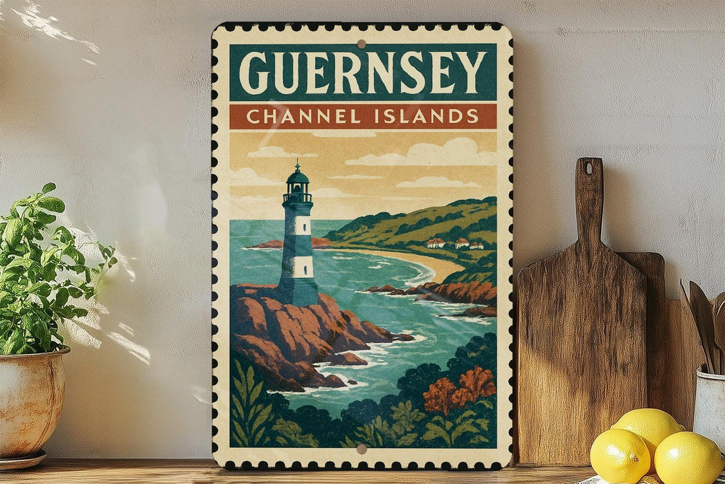 A vintage-style poster of Guernsey Channel Islands, featuring a lighthouse and a coastal landscape, is displayed on a wall next to a wooden cutting board and a potted plant.