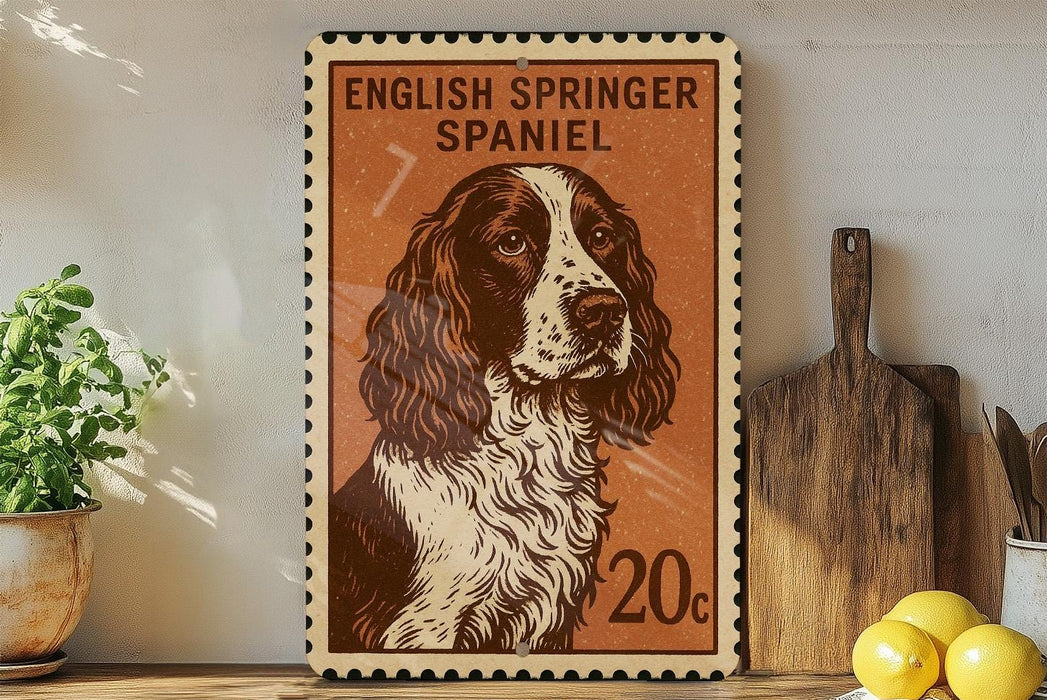 a framed stamp-like artwork of an English Springer Spaniel dog, with a wooden cutting board and a potted plant in the background.