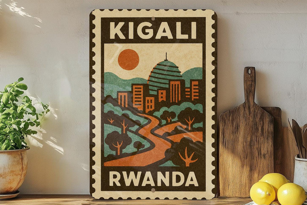 A vintage-style poster of Kigali, Rwanda, featuring a cityscape with a sun and mountains in the background.