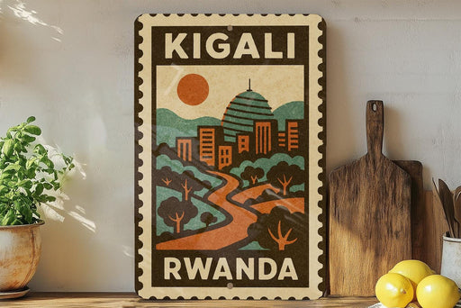 A vintage-style poster of Kigali, Rwanda, featuring a cityscape with a sun and mountains in the background.