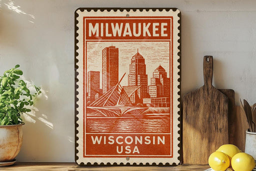 A vintage-style metal sign with the text "Milwaukee, Wisconsin, USA" printed on it, featuring an illustration of the Milwaukee skyline. The sign is displayed on a shelf next to a wooden cutting board and a potted plant.