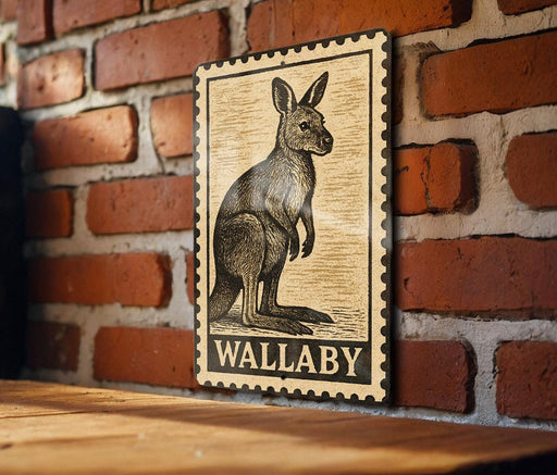 A wooden table with a framed illustration of a kangaroo on it, mounted on a brick wall.