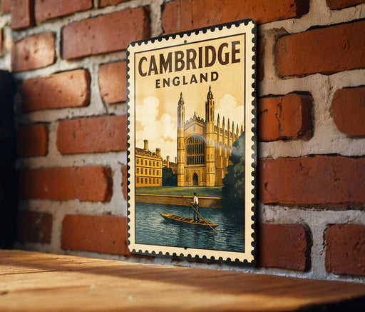 A vintage-style postage stamp depicting a castle and a man on a boat, mounted on a brick wall.