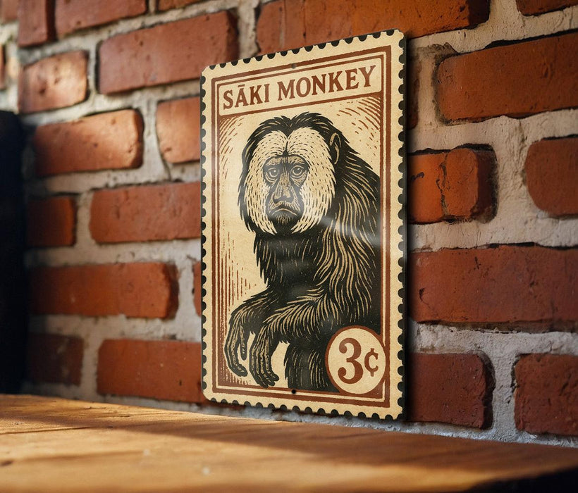 A wooden table with a wooden surface, and a framed illustration of a monkey on a brick wall.